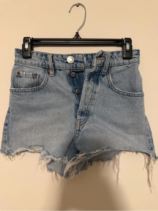 Zara Light Blue Frayed Hem Denim Shorts - Image 2