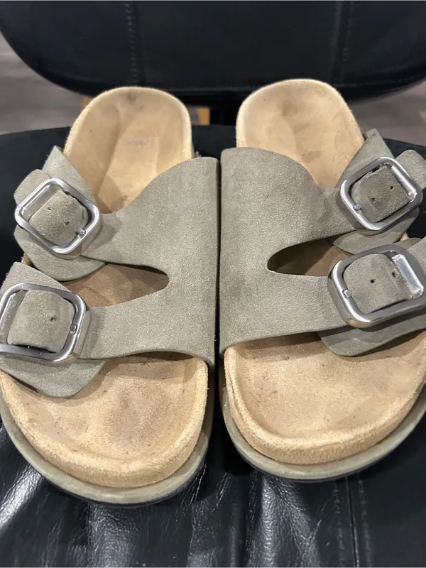 Zara Taupe Suede Double Buckle Slide Sandals - Image 2