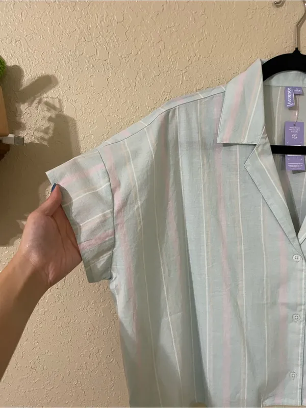 New Florence By Mills Cotton Stripe Short Sleeve Button Top Size Small Seagrass - Image 9
