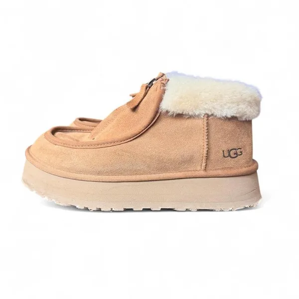 UGG Funkarra Zip Cuffed Platform Slippers Chestnut Suede Shearling Women’s 10 - Image 2