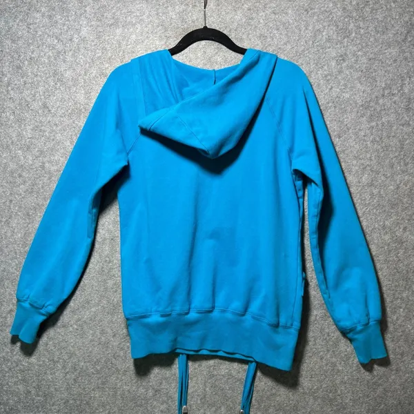 Vintage Y2K Karen Kane Turquoise Blue‎ Scoop Neck Drawstring Hoodie Sweatshirt M - Image 7