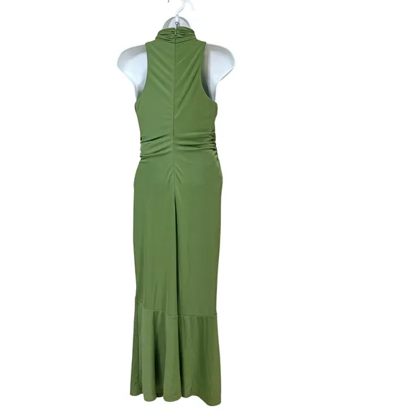 Olive Green Mock Neck Ruched Side Tie Midi Dress Sleeveless Mermaid Hem - Image 4