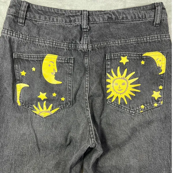 Womens M Graphic Yellow Sun Moon Stars Denim Black Straight Jeans Boho - Image 7