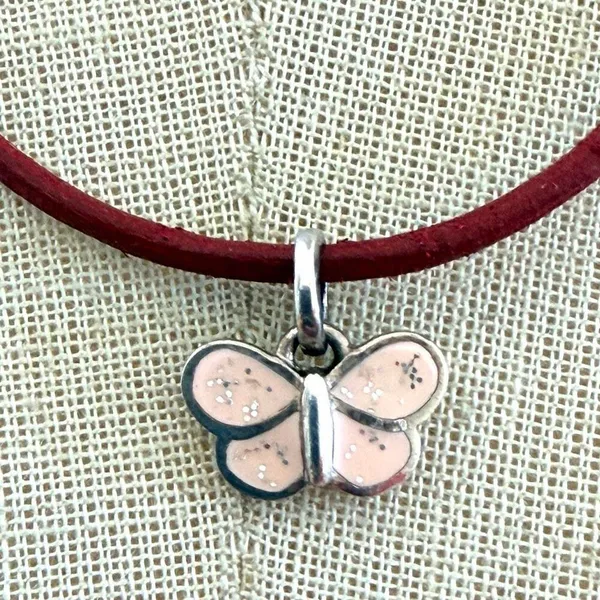 Coach Sterling Silver Pink Enamel Butterfly Necklace Red Leather Cord - Image 2