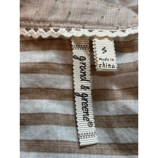 Grand & Greene Tan White Striped Cotton Button Down Shirt Mandarin Collar Small - Image 7