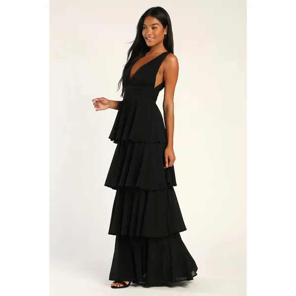 Lulus Amazing Evening Black Tiered Maxi Dress Chiffon Formal Evening Medium NWT - Image 4