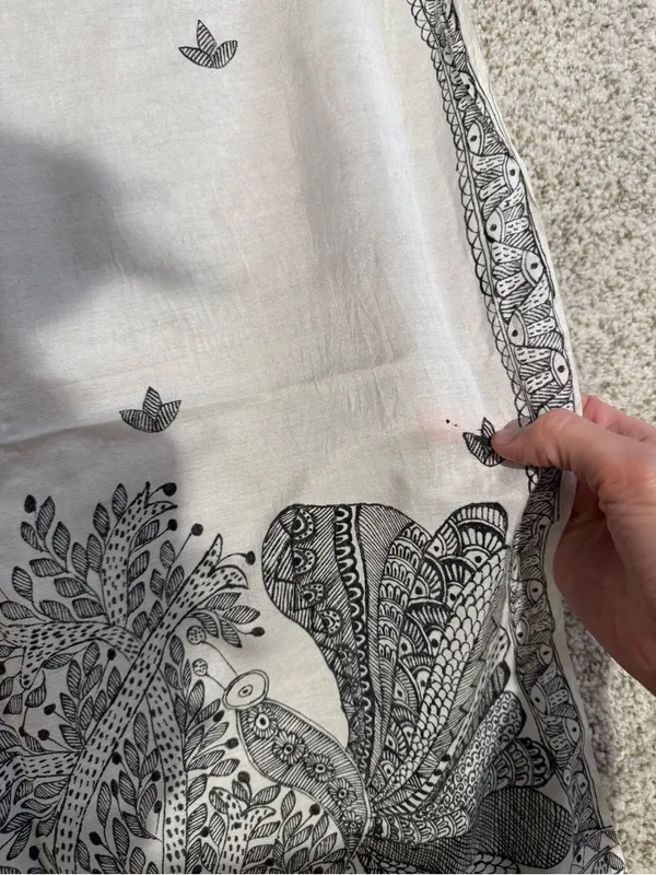 Fine Indian Kalamkari Peacock Floral Scarf Stole Dupatta White Black - Image 4