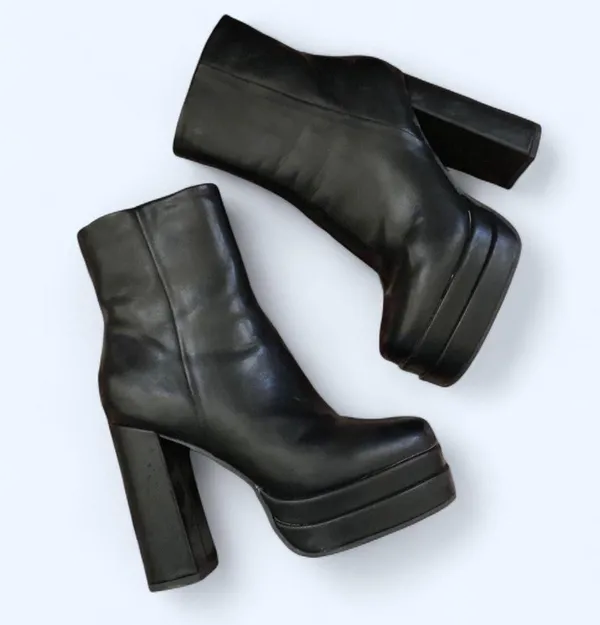 Y2K Chunky Lug Black Platform destroyer bratz combat ankle mid-calf boots gothic biker faux leather booties #grunge #subversive #gorpcore #emo #whimsygoth Women 7.5 Measurements pictured - Image 4