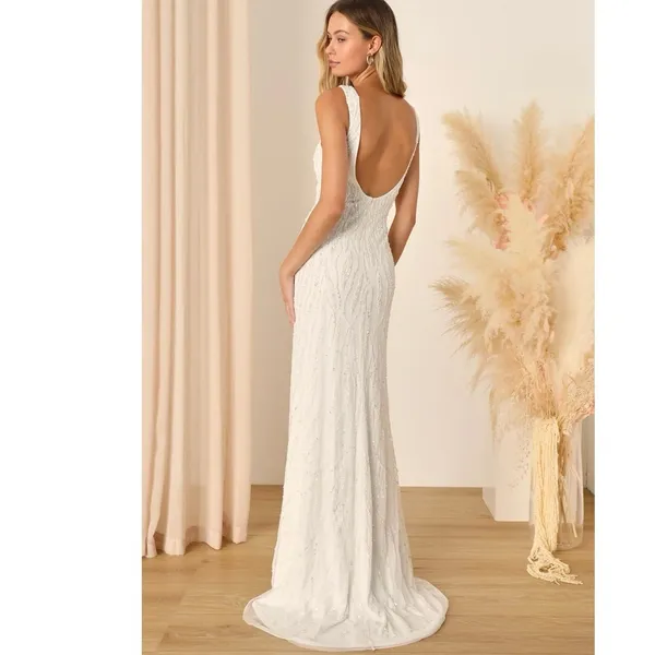 Lulus Glamourous Ever After White Sequin Beaded Backless Maxi Dress Medium Bride - Image 2