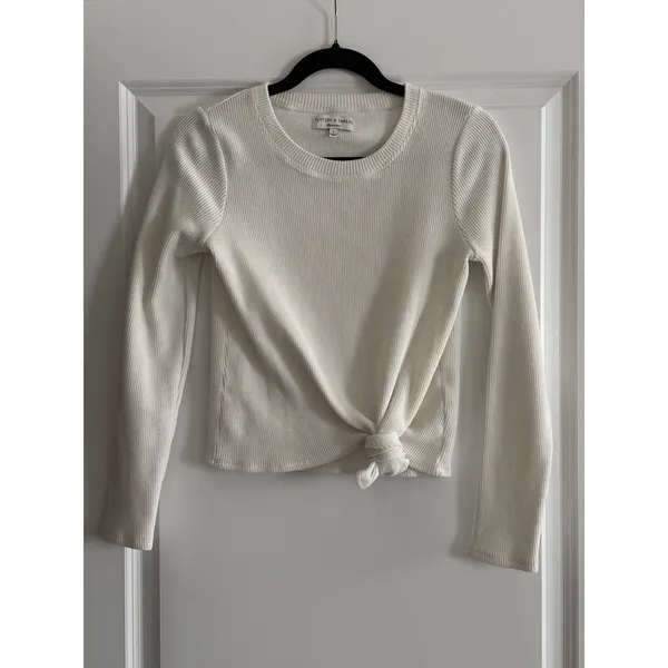 Madewell Ribbed Knit Long Sleeve Knot Front Cropped Top Ivory‎ Size S - Image 2