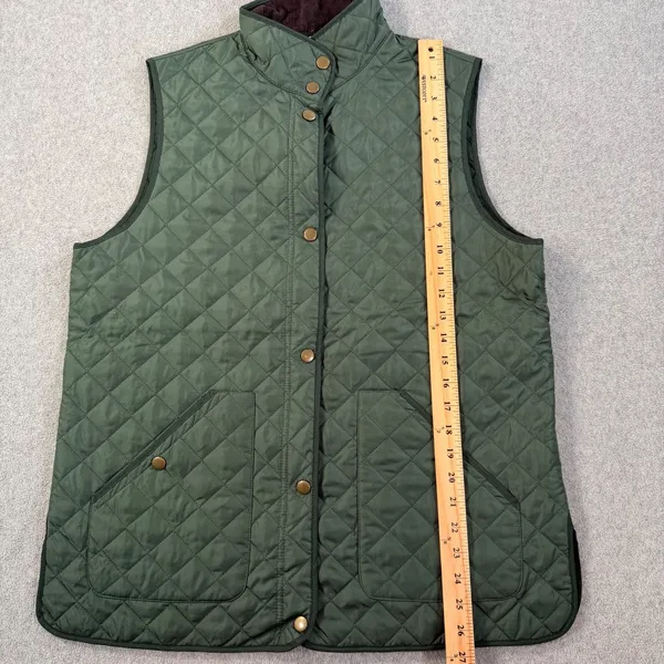 Lands’ End Women’s Medium Green Quilted Barn Vest Corduroy Collar Snap Close - Image 7