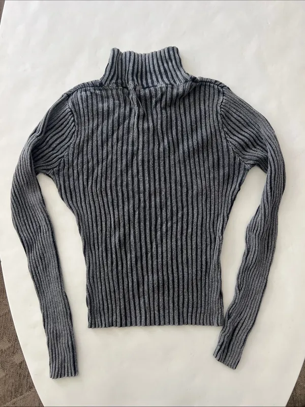 Vintage FRIENDS Monochrome Acid Wash Ribbed Mock Neck Stretchy Longsleeve Top M - Image 2