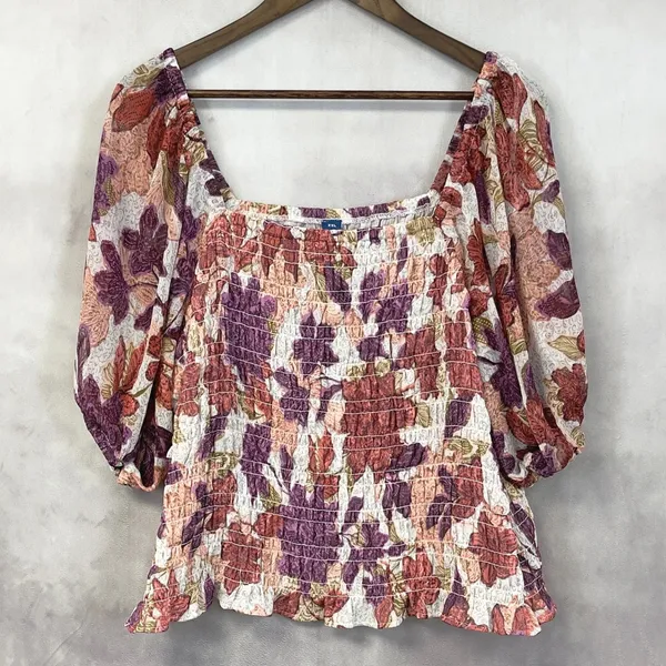 Old Navy Smocked Puff Sleeve Floral Top Women XXL Stretch‎ Flowy Cottage Boho - Image 12