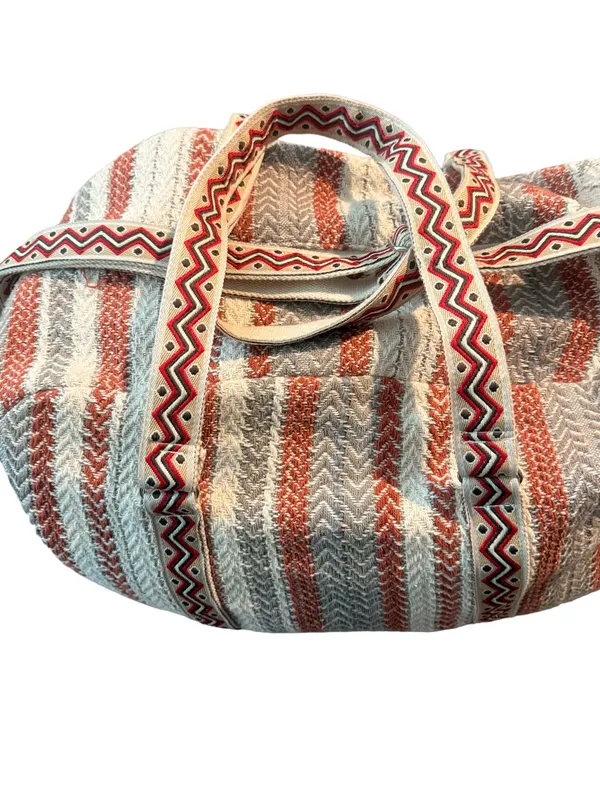 Striped Woven Travel Tote Bag - Cream & Rust - Image 2
