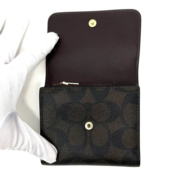 Coach Small Trifold Wallet In Blocked Signature Canvas Brown Black Leather CE930 - Image 4