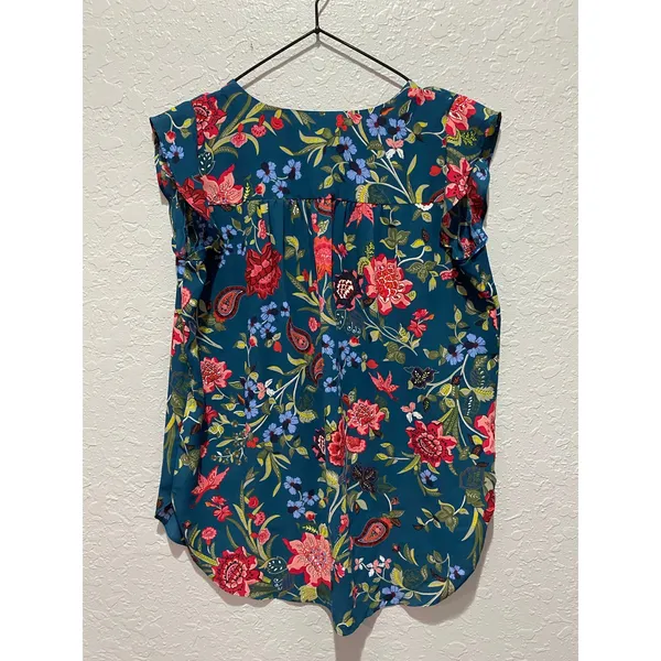 LOFT Floral V-Neck Teal Blouse Sz XS Office Casual preppy - Image 6
