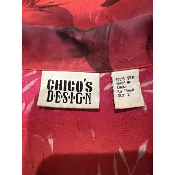 Vtg Chico's Design Silk Button Up Shirt Size Large Red Tropical Floral‎ Blouse - Image 4