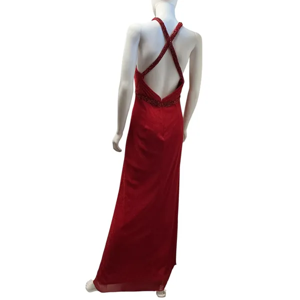 May Queen Couture Red Glitter Beaded Halter Keyhole Evening Gown‎ Dress 10 - Image 5