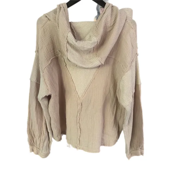 POL Beige Mixed Texture Cotton Hooded Henley Pullover Top‎ Size M - Image 3