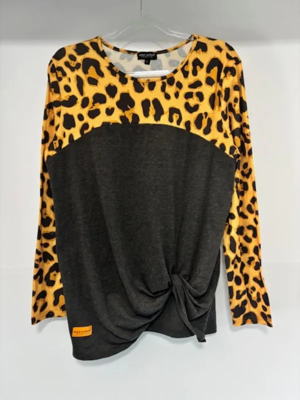 Simply Southern Leopard Print Colorblock Tie Front Long Sleeve Top Women's L - Image 2