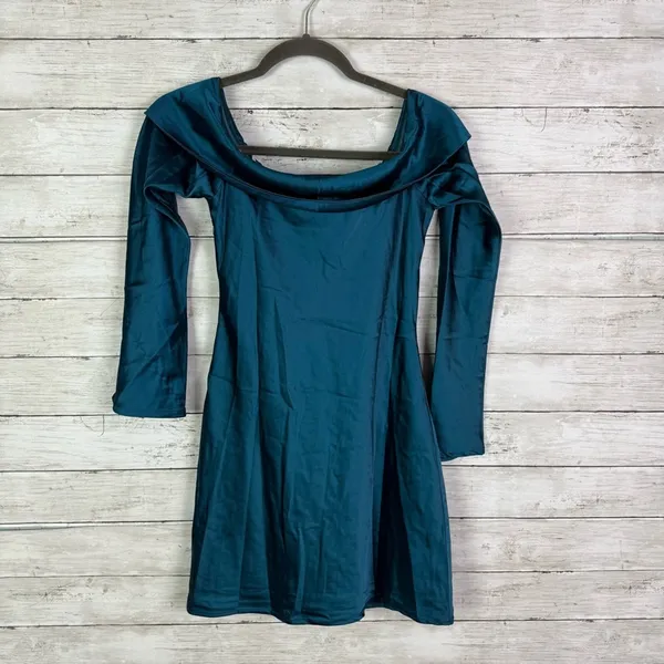 Lulus Luxurious Vision Teal Satin Off-the-Shoulder Mini Dress Size Small - Image 4