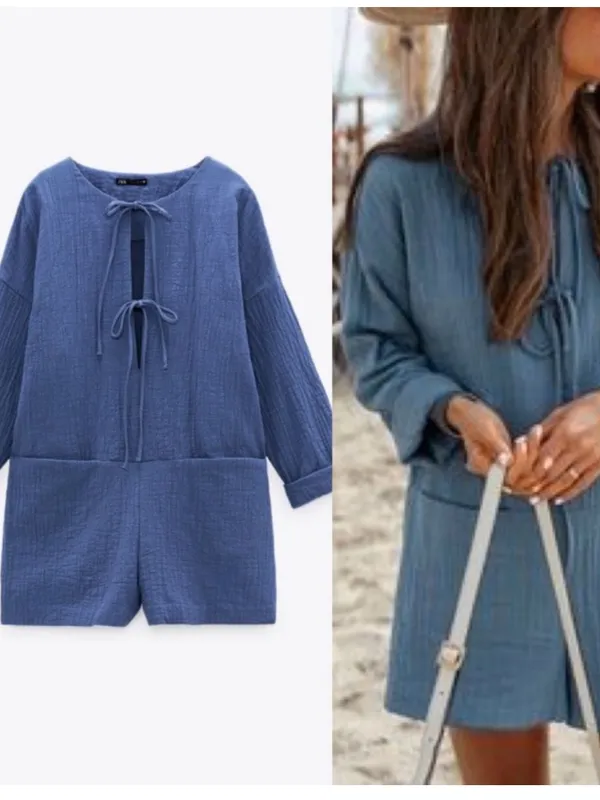 Zara Tie Front Cotton Gauze Coastal Blue Textured Romper - Image 2
