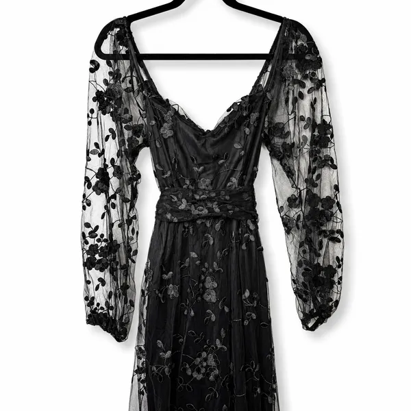 NEW Lulus Darling Charisma Black Mesh Embroidered Balloon Sleeves Midi Dress XS - Image 6