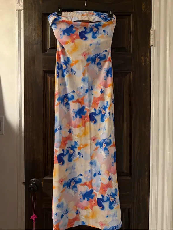 SheIn Strapless Floral Midi Dress - Blue, Coral, Yellow - Image 2