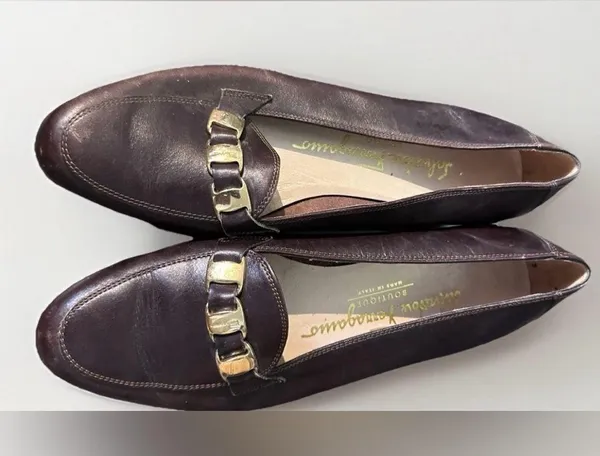 SALVATORE FERRAGAMO Boutique Brown Leather Gancini Link Strap Loafers Size 5‎ B - Image 2