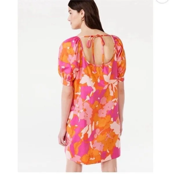Free Assembly Floral Puff Sleeve Dress XL Pink Orange Open Tie Back With Pockets - Image 6