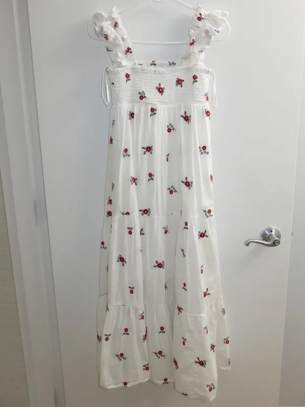 Nobody’s Child White Floral Embroidered Smocked Tiered Maxi Dress Size 2 - Image 2