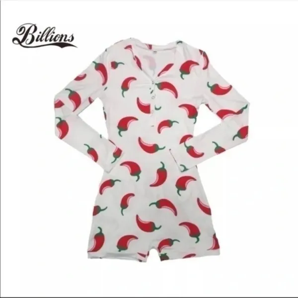 Chili Pepper Print Long Sleeve Zip Romper Bodysuit Pajama NWT - Image 2