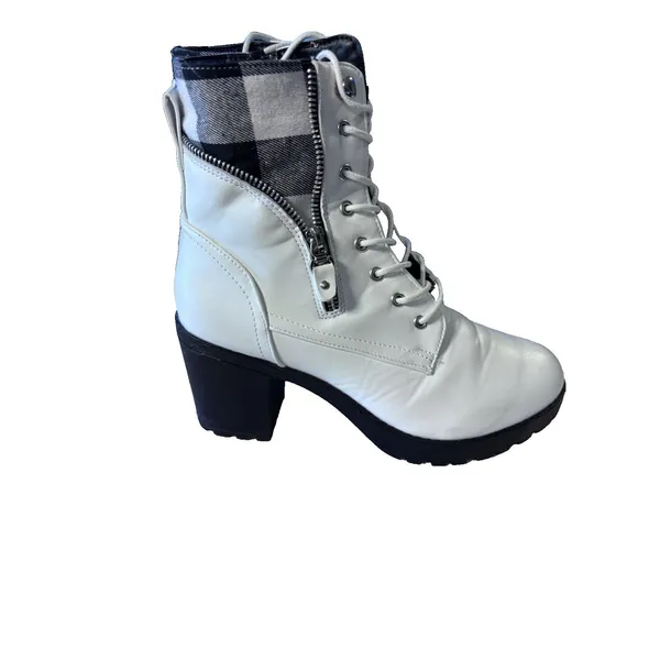 Yoki Womens's Zipper Laces Platform Combat White Black Plaid Chunky Heel Boots 8 - Image 6