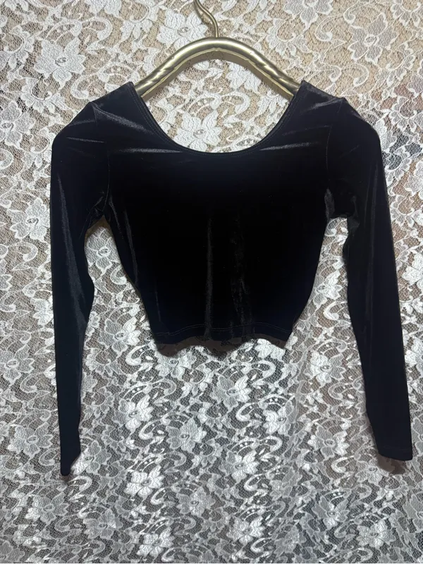 American Apparel Black Velvet Long-Sleeve Crop Top scoop neck vintage 90s y2k S - Image 2