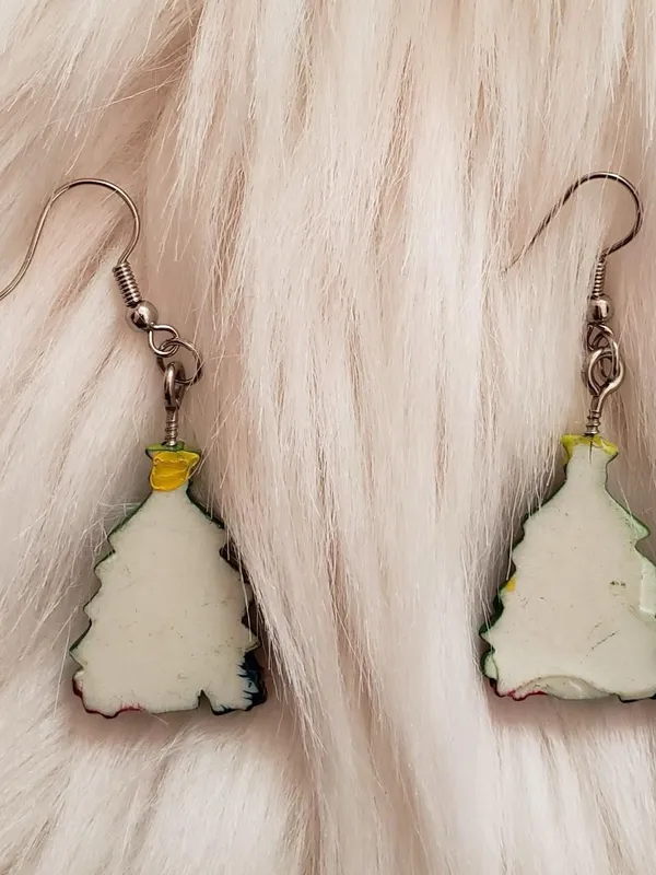 Bold Christmas tree statement piece earrings and tinsel scrunchie set. Green - Image 4