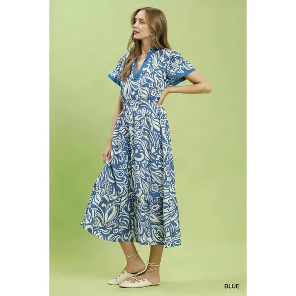Umgee Paisley Print Midi Dress with Side Pockets - Blue - Small - Image 2