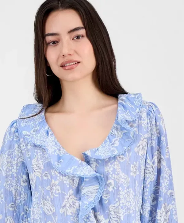 Macy's Light Blue Floral Ruffle Blouse - Image 3