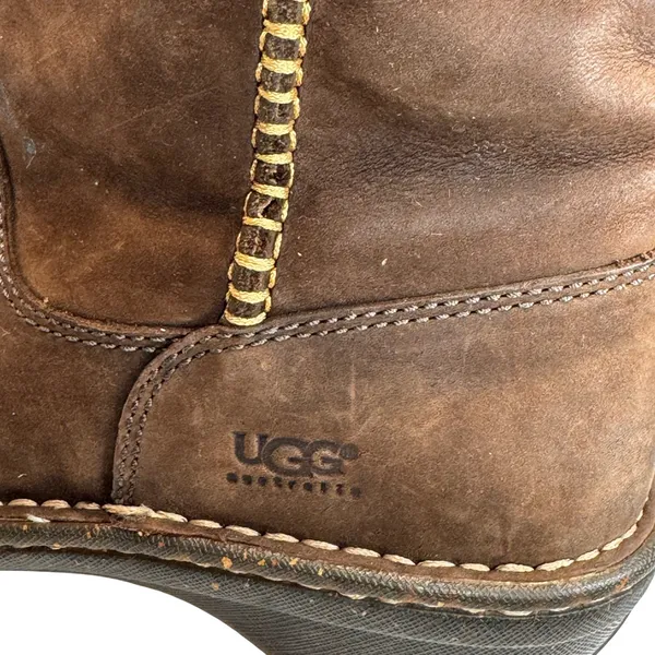 UGG Brown Leather Tall Shearling Boots Women's 8 Stitch Detail‎ Cozy Winter - Image 8
