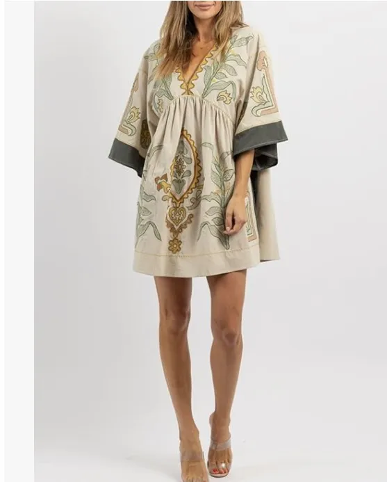 Womens Oversized Embroidered Dress with V-Neck and 3/4 Sleeves Vintage Embroidery Babydoll Dress - Image 4