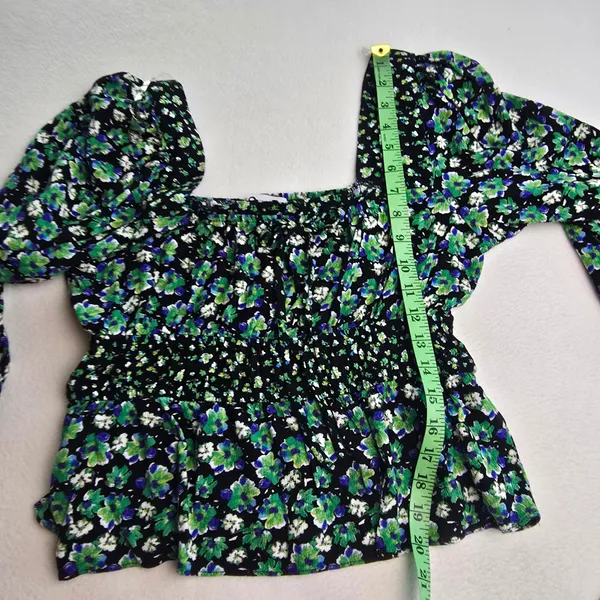 SO Goods For Life -579 Y2K Floral Smocked Peplum‎ Blouse Black Green Blue Large - Image 7