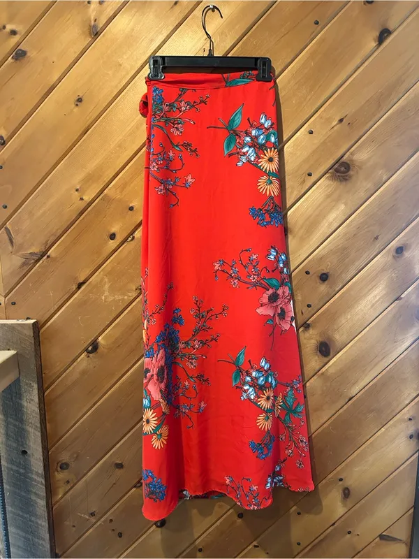 Lulus Bloom With a View Red Floral Print Wrap Tie Maxi Skirt - Image 6