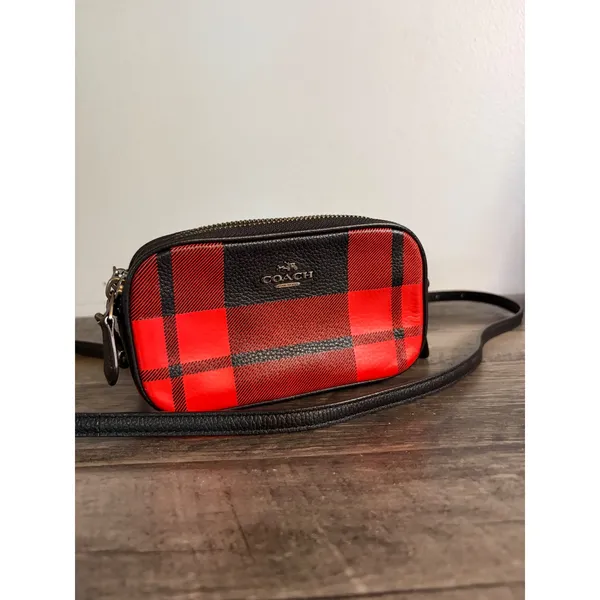 Coach Red Black Buffalo Plaid Pebble Leather Double Zip Crossbody Camera Bag - Image 3
