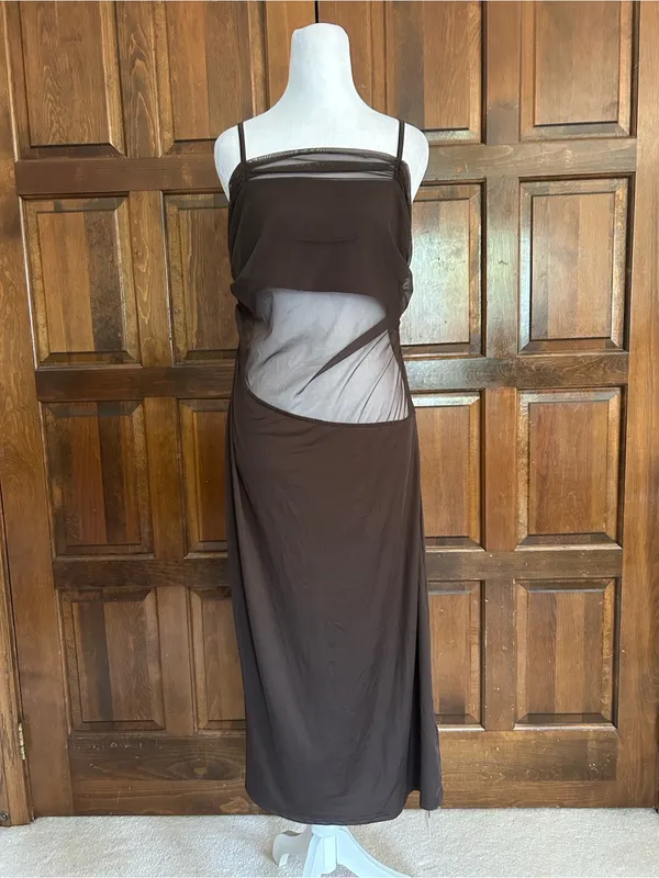 NWT Cider Brown Mesh Overlay Maxi Dress L Large Cutout Coffee Cocktail‎ Y2K - Image 2