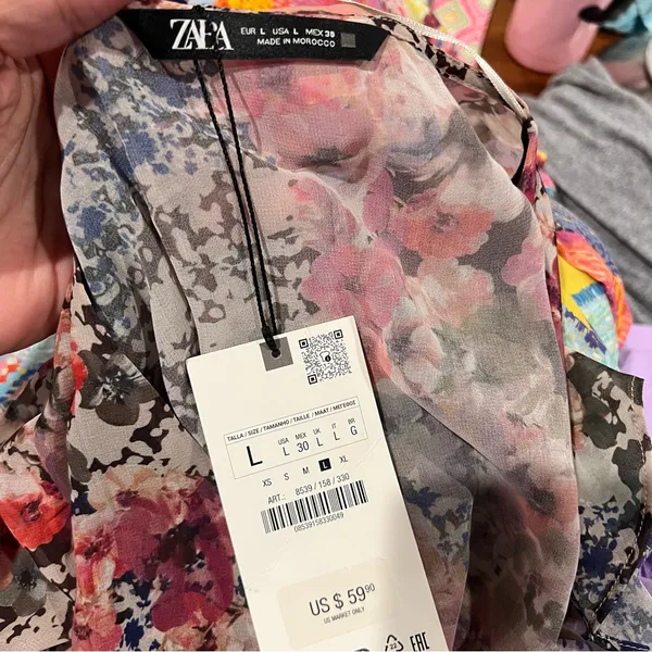 New Zara Floral Chiffon Dress Sz L Fit Flare Short Sleeves Mini Ruffle Wrap - Image 6