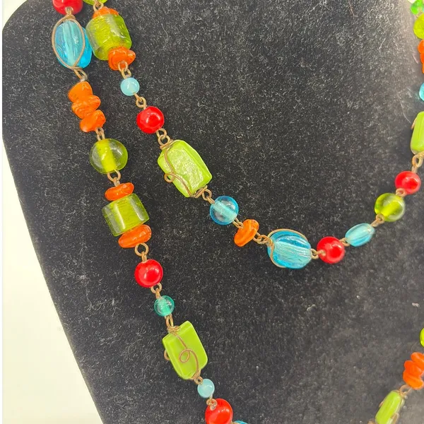 Vtg Lampwork Glass Bead Necklace Artisan Colorful Boho Long Y2K Indie Festival - Image 2