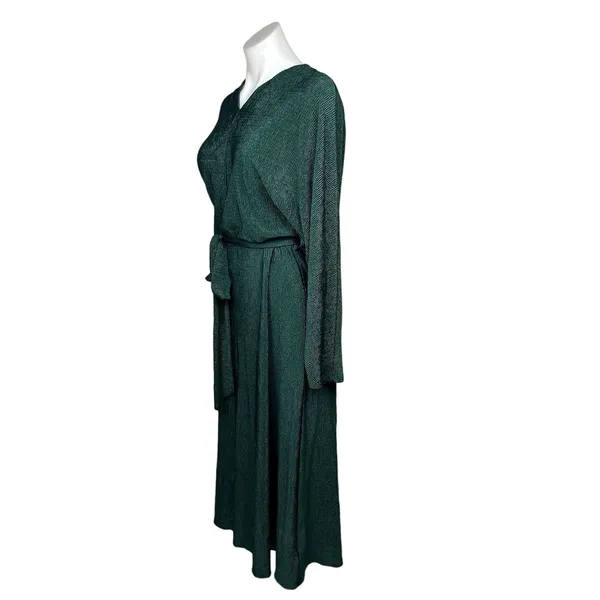 All in Favor Emerald Green V Neck Long Sleeve Crinkle Tie Waist Midi Dress Sz S - Image 2
