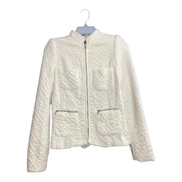 Zara Wool Blend Zip Front Textured Blazer Medium Winter White - Image 2