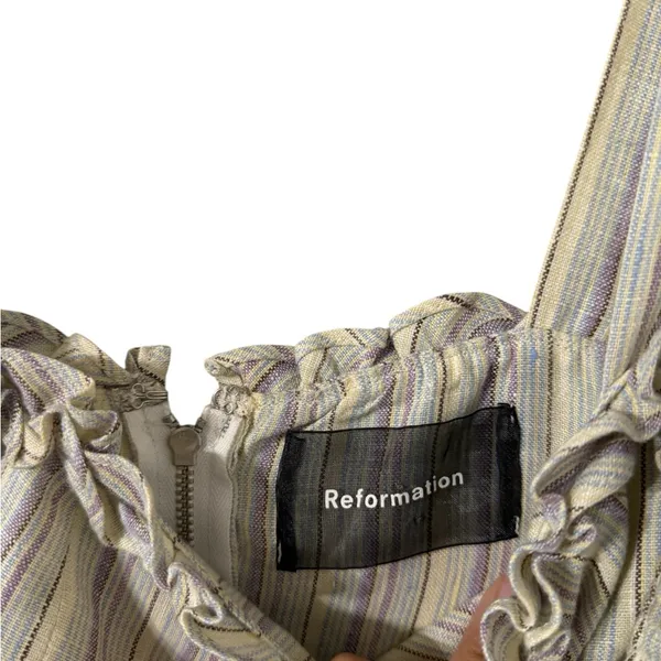 REFORMATION Jojoba Striped Ruffle Linen Mini Dress - Image 5