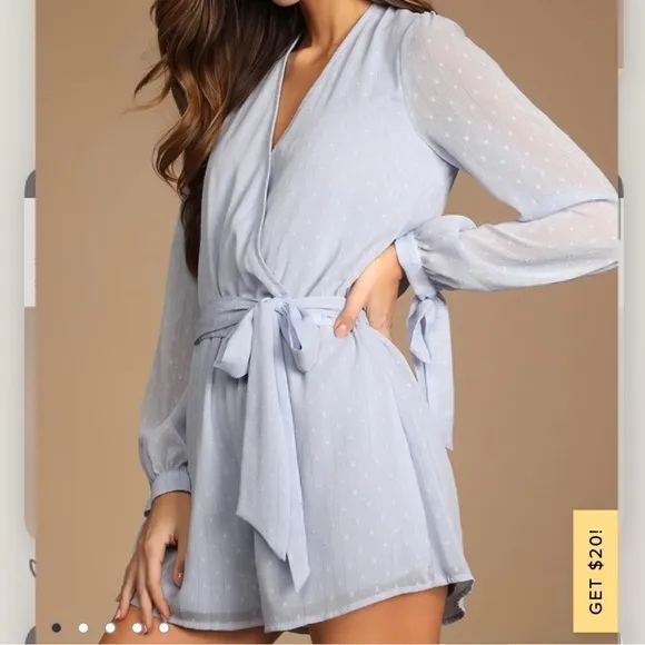 NWT Lulus Closer Look Light Blue Swiss Dot Tie-Sleeve Split Back Romper LARGE‎ - Image 2