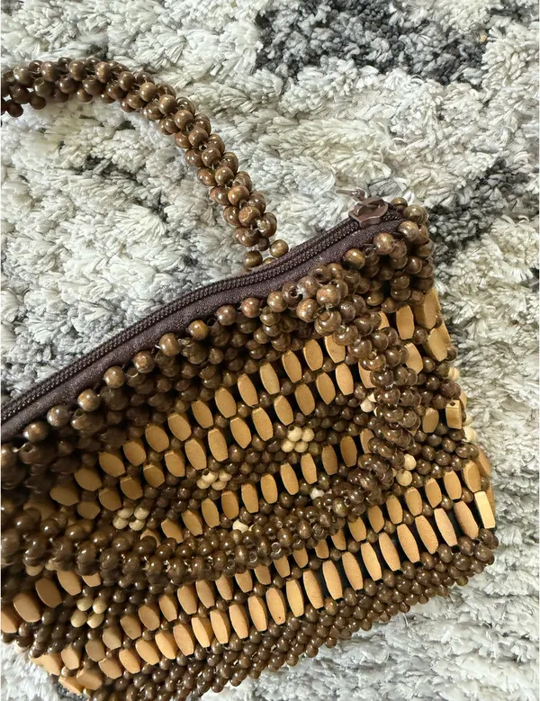 Vintage Wooden Beaded Handbag Boho Y2K Mini Purse Brown Tan - Image 2